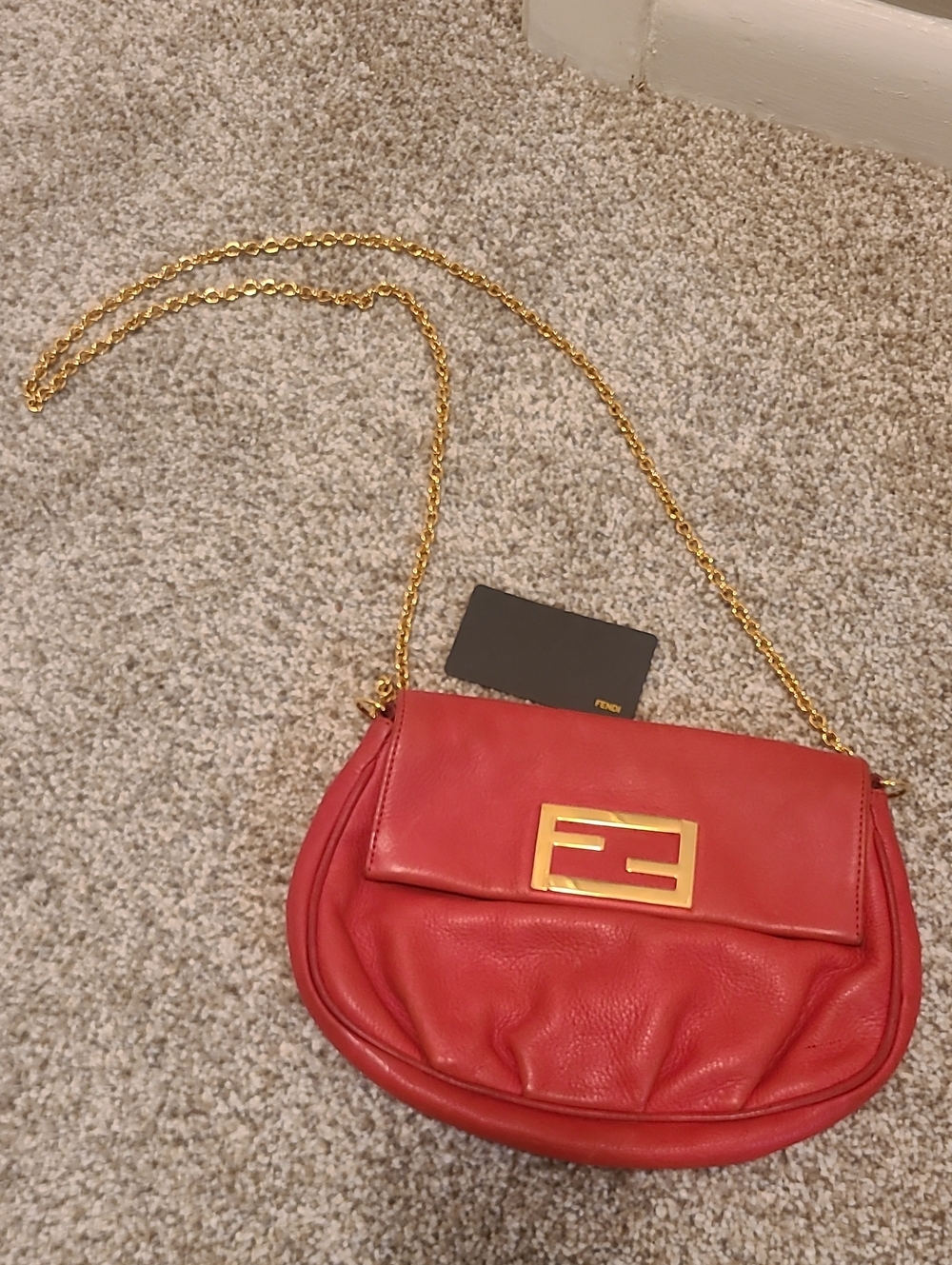 Fendi Red Leather Crossbody with Gold Chain and FF Plaque